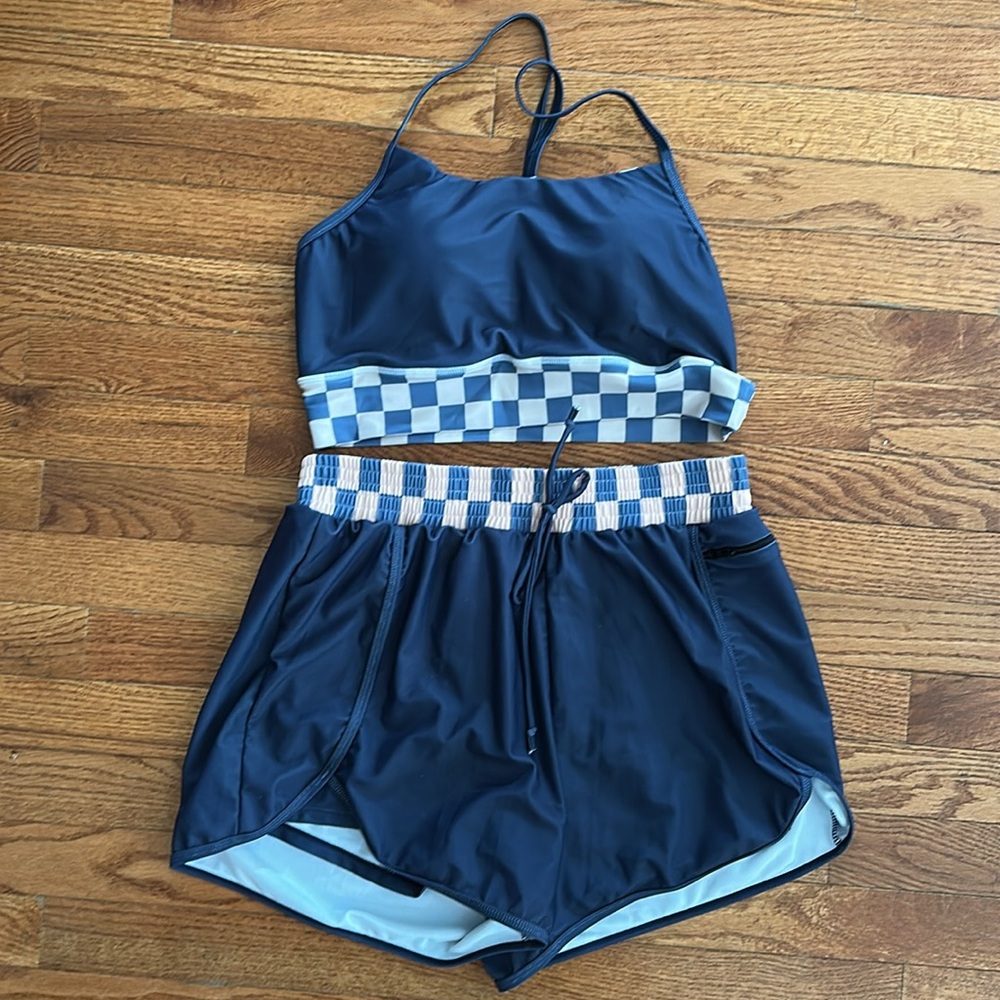 Blue Checkered Two-Piece Beach Set